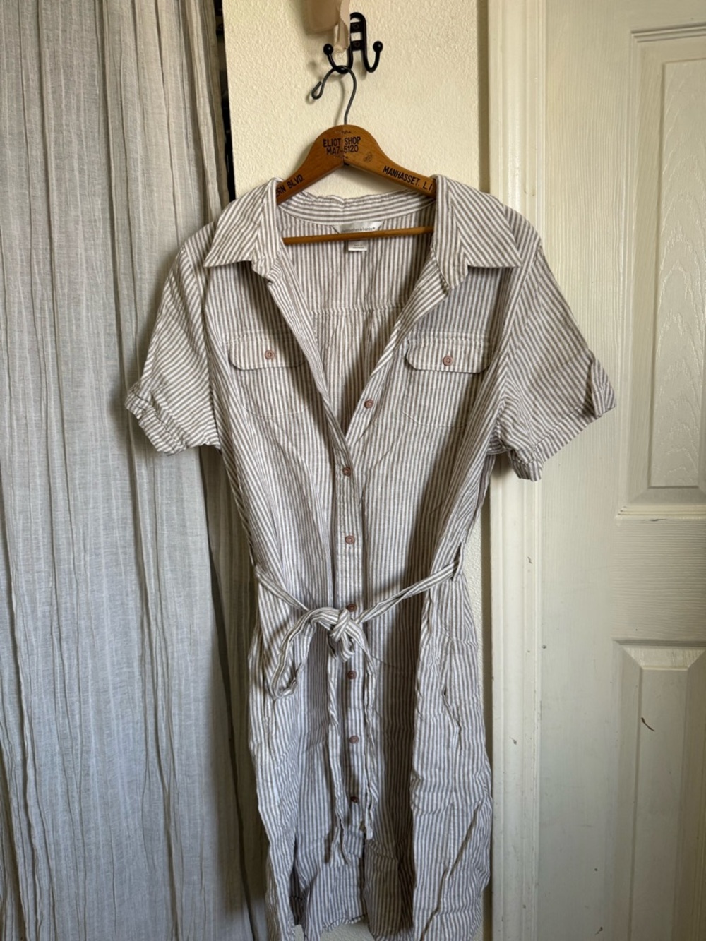 Christopher & Banks Taupe and White Striped Shirt Dress